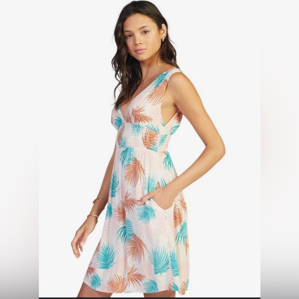 Roxy White Midi Dress with Teal & Coral Palm Print
